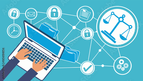 Data Security and Legal Compliance Hands Typing on Laptop.