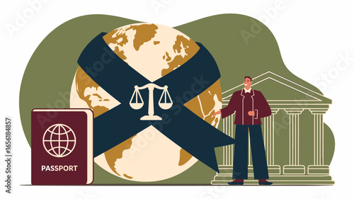 man standing with passport and globe wrapped in justice symbol vector illustration