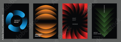 Modern gradient poster on dark background vector set. Cover template with blue orange red green geometric shape different. Modern Design for wall art, flyers, brochures, covers and web banners.