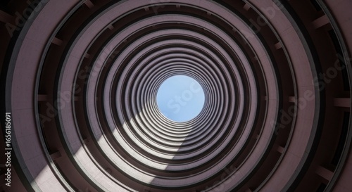 Photography Worm's eye view of a building with circular architecture and a glimpse of blue s