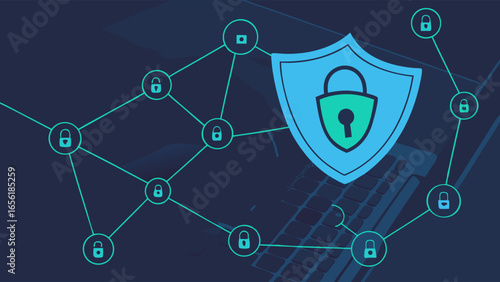 Digital Security Shield with Padlocks on Network Cyber Protection Concept.