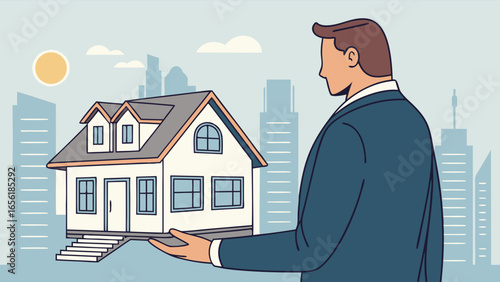 Businessman Presenting a Model Home in Cityscape.