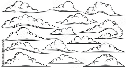 Collection of monochrome vector cloud illustrations for design elements and weather themes