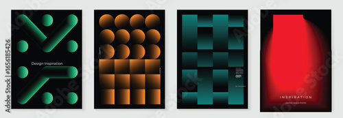 Modern gradient poster on dark background vector set. Cover template with blue orange red green geometric shape different. Modern Design for wall art, flyers, brochures, covers and web banners.