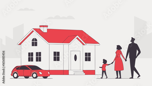 Family Approaching Suburban House with Red Car.