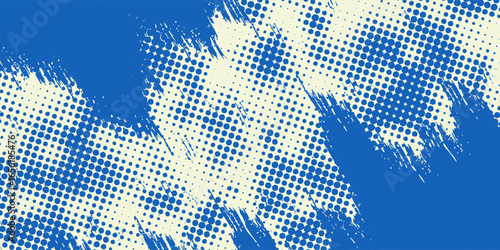 Abstract blue halftone brush stroke background featuring sweeping curved lines and dotted pixel patterns. This energetic