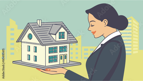 Businesswoman Presenting a Model Home in Cityscape.