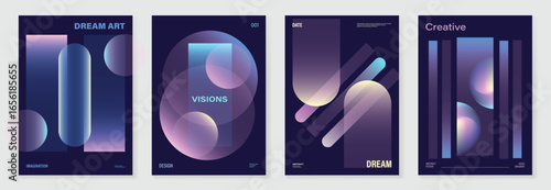 Modern gradient poster on dark background vector set. Cover template with blue pink geometric shape and different in glass. Modern Design for wall art, flyers, brochures, covers and web banners.