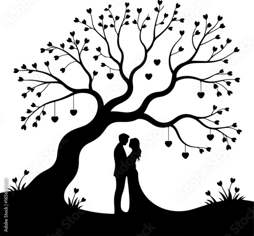 romantic couple standing under love tree