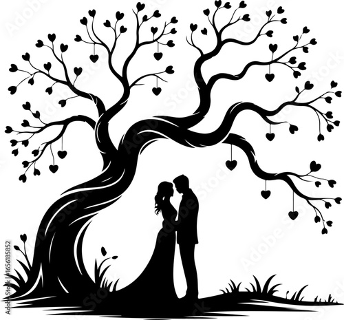 romantic couple standing under love tree