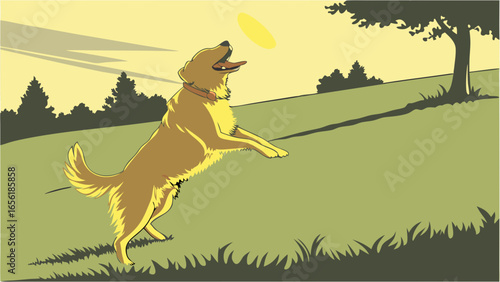 Golden Retriever Jumping for Disc in Park Illustration.