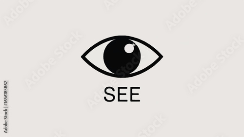 Eye icon representing sight vision and perception with the word see concept of understanding and observation isolated illustration