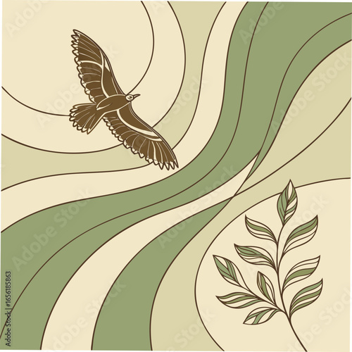 Stylized bird in flight above flowing lines with a branch of leaves