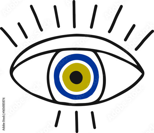 Evil eye radiating light beams, a protective symbol against negative energy, providing spiritual defense and promoting good fortune, drawn in a simple and modern style