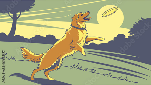 Golden Retriever Leaping for Frisbee in a Park Illustration.