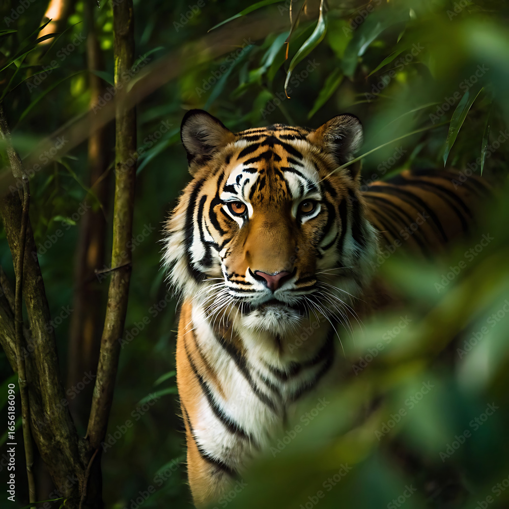 Fototapeta premium Captivating Tiger Portrait Striking Gaze Amidst Lush Foliage in Natural Habitat