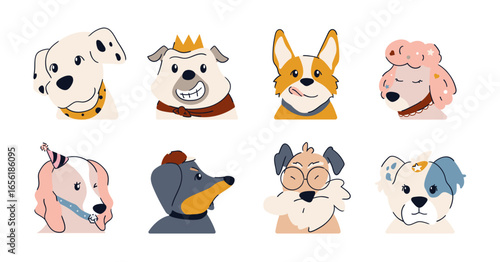 Dog heads element vector set. Cute dog faces character design of dog breed different with hat, eye glass, crown in flat color isolated. Design illustration for sticker, comic, print.