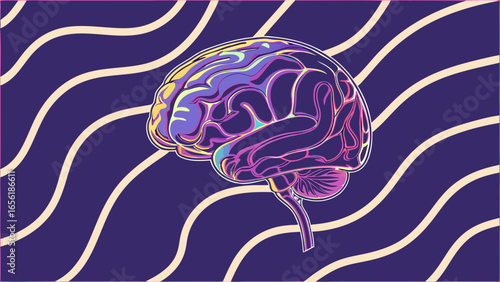 Colorful Illustration of a Human Brain on a Patterned Background.