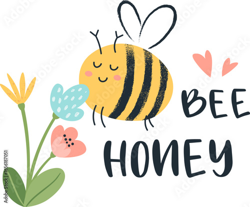Cartoon bee buzzing joyfully near vibrant flowers, featuring playful bee honey lettering. Whimsical insect character designed for kids, showcasing a cheerful and colorful drawing style