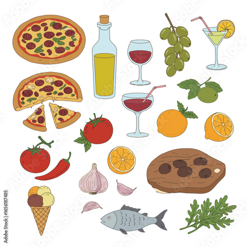 A vibrant and delicious collection of popular fast food staples, including burgers, hot dogs, fries, and pizza, illustrated in a charming cartoon style.