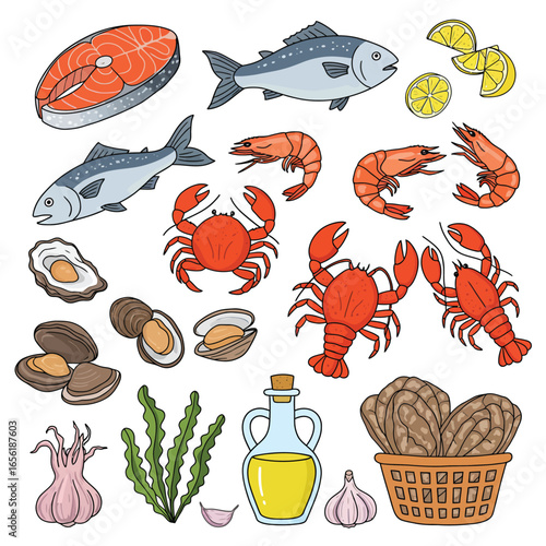 Assortment of Seafood, including Salmon, Tuna, Shrimp, and Shellfish Illustration