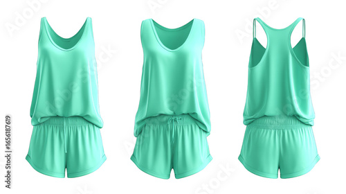 A vibrant and stylish collection of three complete women's athletic apparel outfits each featuring comfortable sports shorts paired with a matching tank top ready for any fitness activity.