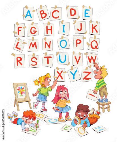 Kids draw English alphabet with colored pencils. Children decorate wall with colorful letters. Colorful cartoon characters. Funny vector illustration. Isolated on white background