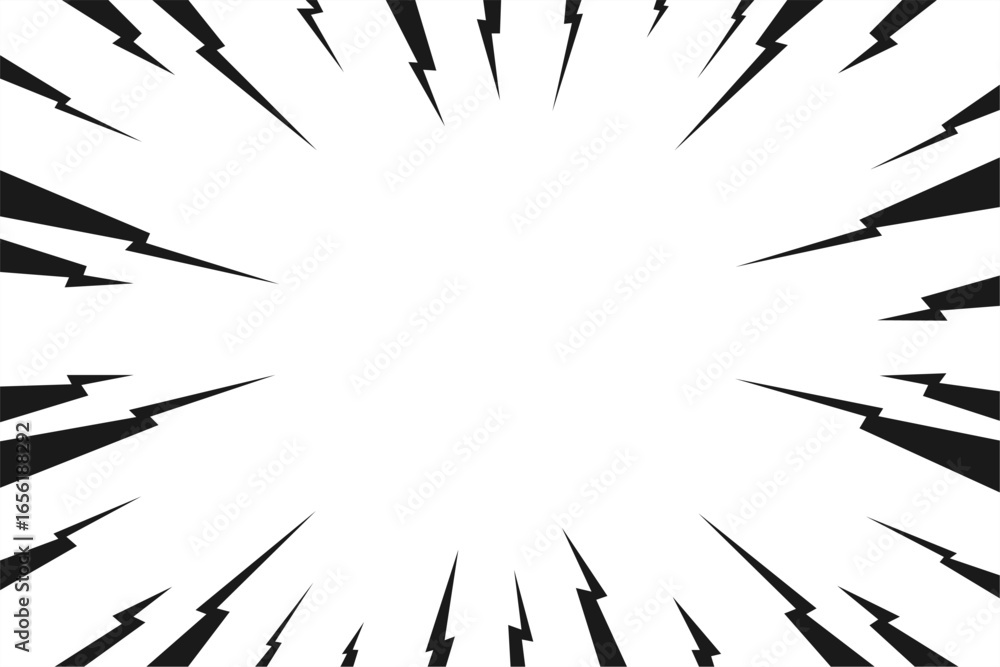 Black Comic background with abstract lightning and thunder lines. Like an explosion within the frame. Abstract light explosion effect. Design illustration.