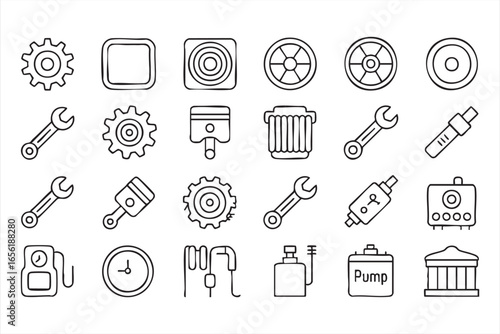 Vector automotive spare parts and mechanic tools outline illustration