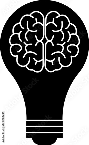 Light bulb idea icon, creativity and innovation symbol with brain, and power sign lack solid outline style vector illustration for business and education