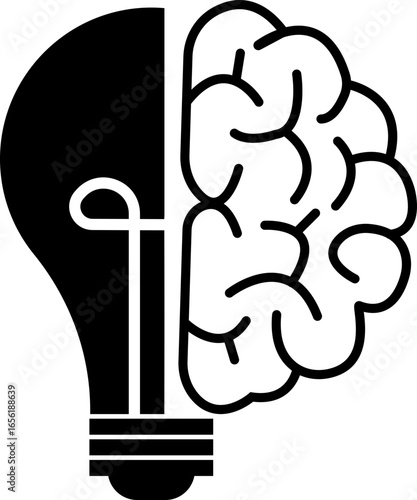 Light bulb idea icon, creativity and innovation symbol with brain, and power sign lack solid outline style vector illustration for business and education