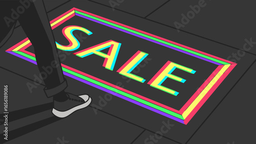 Colorful Sale Advertisement on Sidewalk with Persons Leg and Shoe.