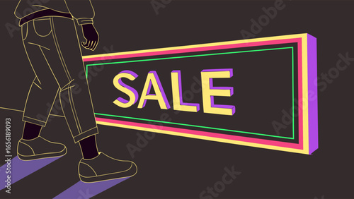 Colorful SALE Sign with Walking Figure Silhouette.