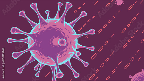Colorful Virus Illustration with Binary Code Background.