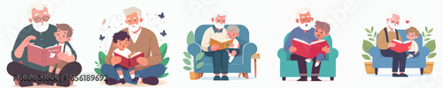 Flat Illustration of Grandparent Reading Stories with Grandchild Happy Moment