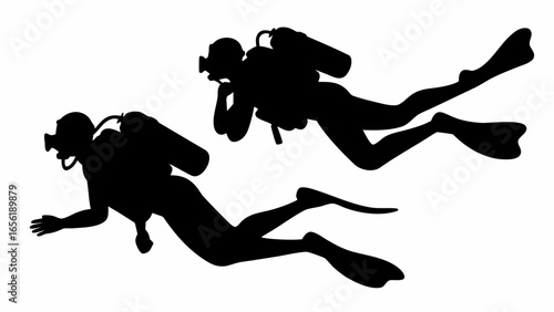 Silhouette illustration of two scuba divers with oxygen tanks and flippers in an underwater setting