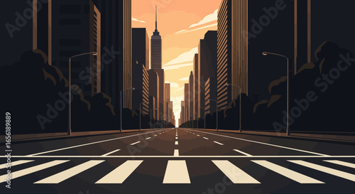 A captivating urban street illustration at sunset, showcasing a modern cityscape's architectural grandeur under a warm, fading sky, designed with clean vector lines, perfect for digital projects.