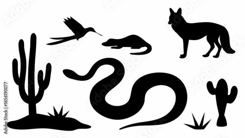 Silhouette illustration showing desert wildlife with cactus, snake, coyote, bird and other animals