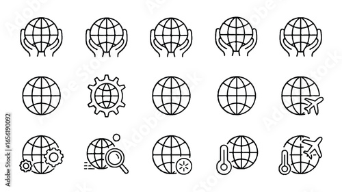 Global Icon Set Representing Earth Technologies and Environmental Concepts on Transparent Background