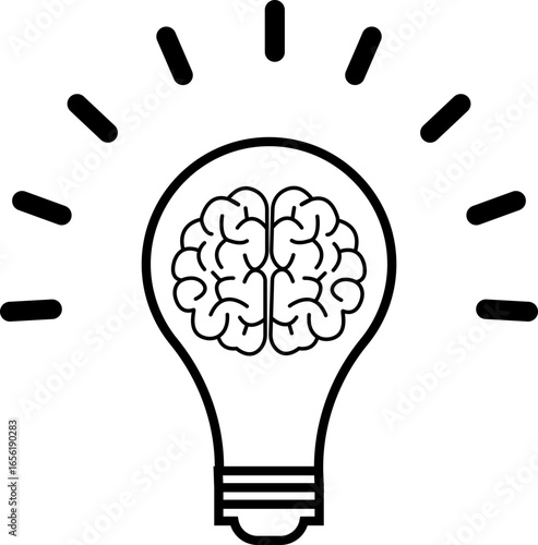 Light bulb idea icon, creativity and innovation symbol with brain, and power sign lack solid outline style vector illustration for business and education