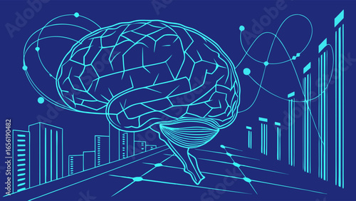 Digital Brain Illustration with Futuristic City Elements.