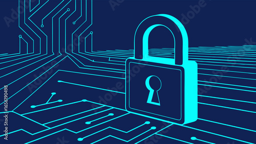 Digital Security Padlock on Circuit Board Background.