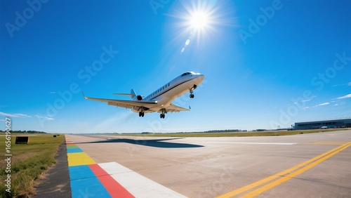 Commercial Airplane Taking Off From Airport Runway Under Bright Sun in Clear Blue Sky