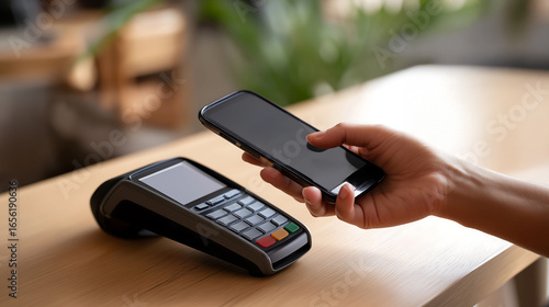 Hand of a person using smartphone scanning for paying bill on contactless payment terminal, Payments from pos device via mobile phone. Banking and technology, Electronic payment concept
