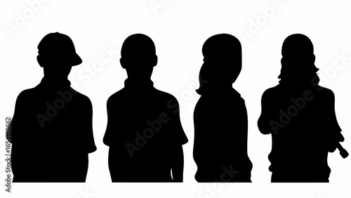 Silhouette depiction of four individuals standing side by side against a white background image view