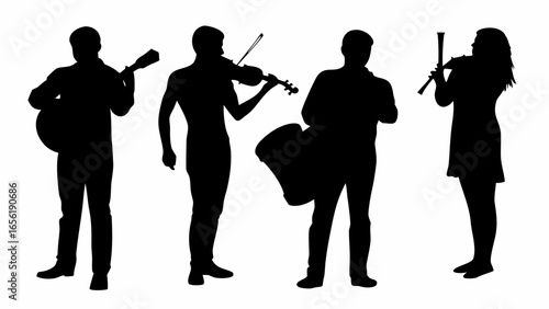 Silhouette illustration of a musical band with guitar violin drum and flute performing together music art
