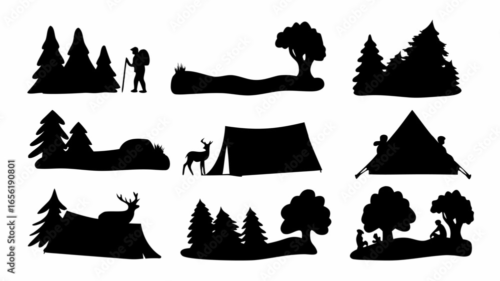 Fototapeta premium Silhouette illustrations of camping scenes with tents, trees, people, and deer in a nature setting outdoors