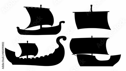 Silhouette illustration of four ancient ships with sails on a white background artistic drawing
