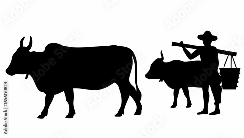 Silhouette of a farmer with a yoke and buckets walking behind two cows in a rural setting illustration