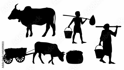 Silhouetted depiction of rural life featuring farmers, oxen, and traditional farming implements
